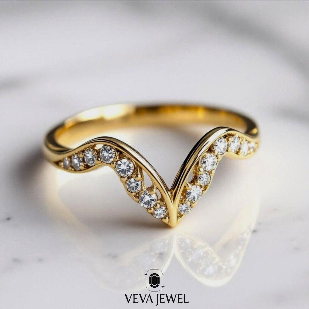 14K Gold Moissanite Chevron Wedding Band | Minimalist V Shaped Stacking ...