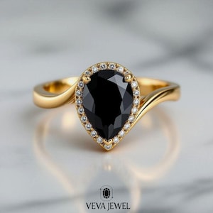 Pear Black Diamond Engagement Ring | Halo Gold Ring for Her | Natural Black Diamond with Lab Diamond Accents , Anniversary Gift