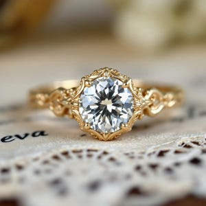 May include: A gold engagement ring with a large, clear, round-cut gemstone. The ring features an ornate, filigree design around the gemstone and along the band. The ring is set on a white lace surface.
