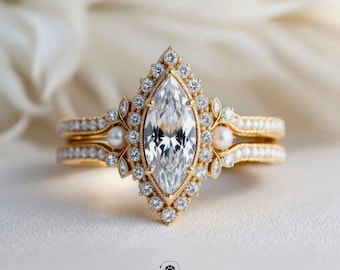 Vintage Marquise Lab Grown Diamond Ring Set – Pearl & Diamond Halo Engagement Ring – Antique Gold Bridal Ring | 2 Carat Diamond Gift Ring