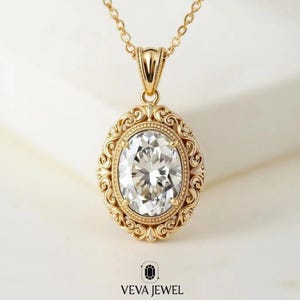 Oval Moissanite Vintage Pendant Necklace | Gold Scroll Frame Design | Antique-Inspired Jewelry | Elegant Gift  | Handcrafted Pendant for Her