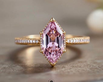 3CT Dutch Marquise Pink CZ Diamond Ring | Vintage Style Engagement Ring | Dainty Gold Ring | Promise Ring for Her, Hidden Halo Proposal Ring