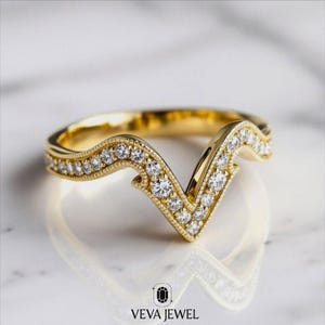 Chevron Diamond Ring – Dainty Moissanite Curved Band, Vintage V Shape Wedding, Engagement, Anniversary Jewelry Gift for Her