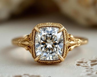 Anillo de compromiso vintage de moissanita con corte cojín, anillo de filigrana de oro amarillo de 14 quilates, joyería nupcial de inspiración art déco, regalo de aniversario para ella.