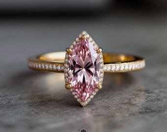 Pink Marquise Lab Diamond  High Quality CZ Engagement Ring – Gold Pavé Band – Fancy Cut Solitaire – Unique Wedding Ring