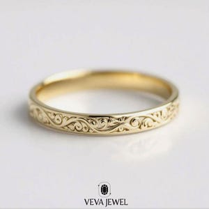 14K Yellow Gold Art Deco Band | Delicate Antique Style Promise Ring | Daily Wear | Vintage Floral Gold Wedding Band | Engraved Scroll Ring