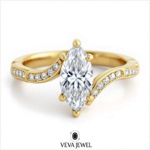 Sculpted Marquise Moissanite Ring | Elegant Curved Gold Band | Artful Engagement Ring | Modern Romantic Design | Unique Modern Bypass Ring
