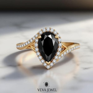 2 Carat Black Diamond Ring | Pear Cut Natural Diamond with Lab Diamond Halo | Gold Engagement Ring | Elegant Gift for Her | Black Wedding