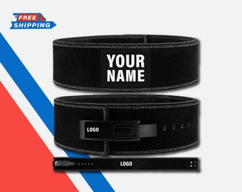 May include: Black weightlifting leather belt with white stitching. The belt has a rectangular patch with the text "YOUR NAME" in white. The image also shows the text "LOGO" and "CUSTOM WEIGHTLIFTING LEATHER BELT".