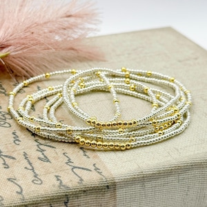 Mixed Metal Miyuki Bracelet Stack: 18K Gold and Silver Seed Beads Stretch Set of 2, Minimalist 18k Gold Layering Jewelry