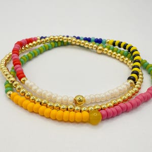 Dainty Seed Bead Bracelet Stack: 18k Gold Filled & Yellow Agate, Handmade Jewelry, Layering Bracelets