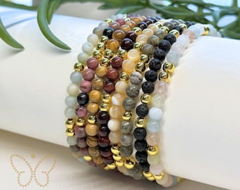 Gemstone Beaded Stretch Bracelet: 18k Gold Filled Accents, Handmade Crystal Gift for Her