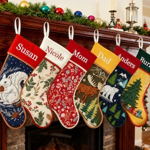 Personalized Christmas Stockings Embroidered Rustic Stocking With Hemmed Edges for Family Custom Name Vintage Stockings Farmhouse Xmas Decor