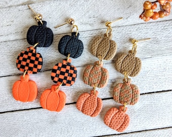 Checkered triple pumpkin earrings pierced polymer clay handmade holloween holiday