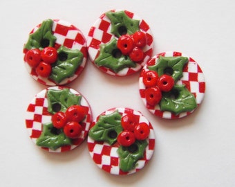 Button Checked Holly handmade polymer clay buttons ( 5 )