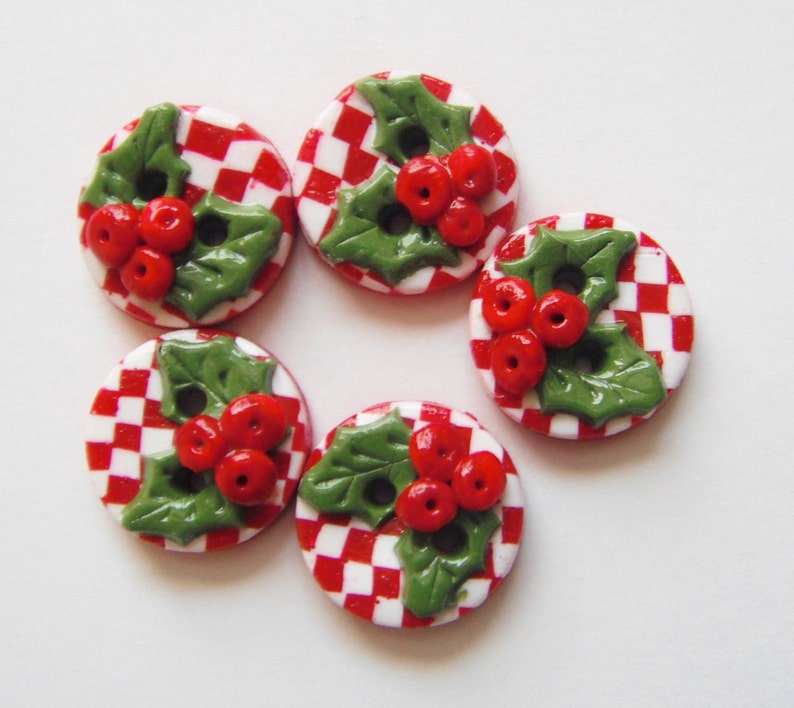 Button Checked Holly handmade polymer clay buttons 5 image 1