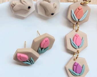 Boucles d’oreilles lapin et tulipe pendre percé polymère argile faite à la main de Pâques mode printemps