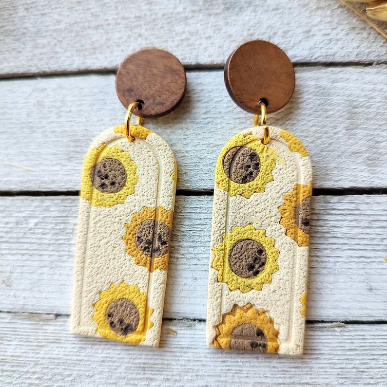 Earrings sunflower polymer clay handmade boho pierced dangle stud wood earrings image 6