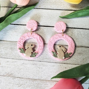 Earrings polymer clay floral bunny rabbit Easter Spring pierced dandle donut handmade boho artisan pink image 1