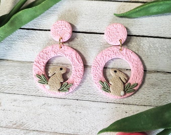 Earrings polymer clay floral bunny rabbit Easter Spring pierced dandle donut handmade boho artisan pink