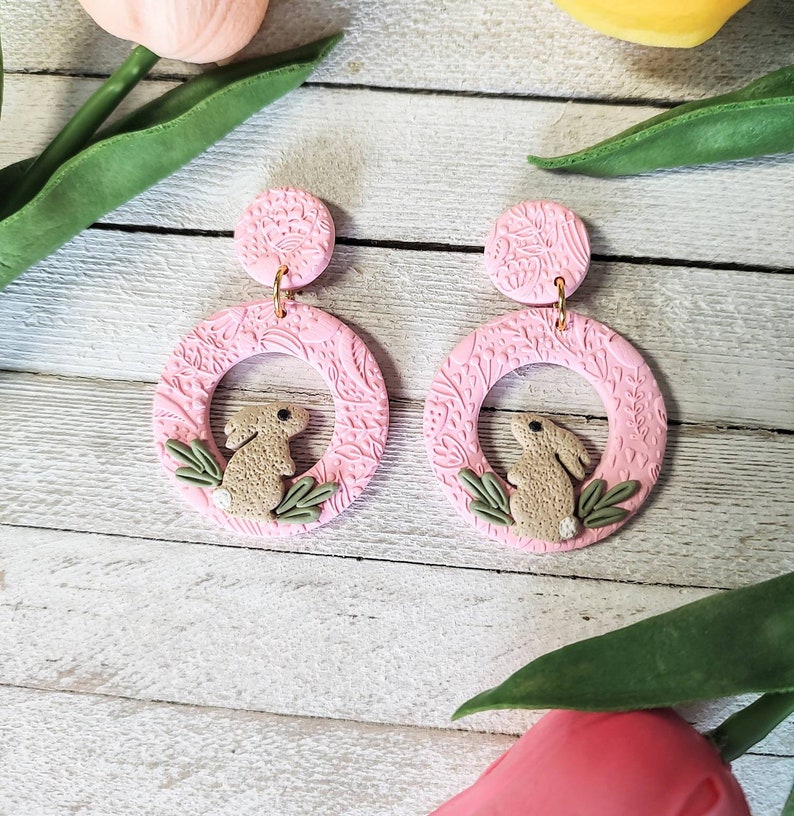 Earrings polymer clay floral bunny rabbit Easter Spring pierced dandle donut handmade boho artisan pink image 1