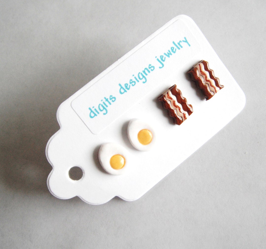 Earrings Bacon and Eggs Handmade Polymer Clay Button Stud Post Earrings