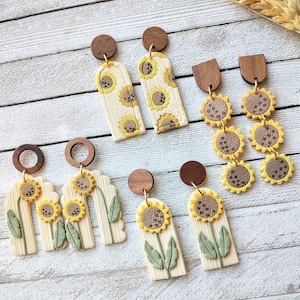 Earrings sunflower polymer clay handmade boho pierced dangle stud wood earrings image 1