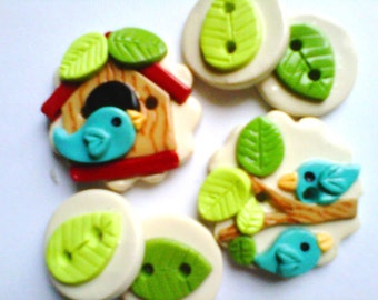 Button Little BirdHouse handmade polymer clay buttons  ( 6 )