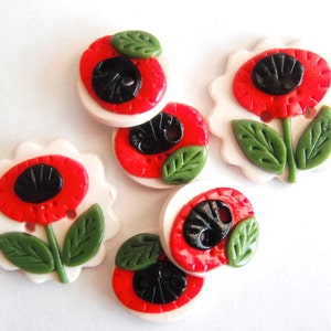 Button Retro Red Poppy handmade polymer clay button set ( 6 )