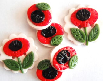 Button Retro Red Poppy handmade polymer clay button set ( 6 )