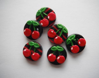 Button Black and Red Stripe Cherries handmade polymer clay buttons ( 6 )