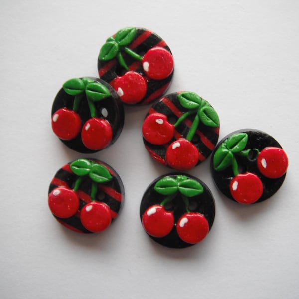 Button Black and Red Stripe Cherries handmade polymer clay buttons ( 6 )