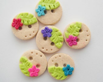 Button Tropical Beach Flowers handmade polymer clay buttons  ( 6 )