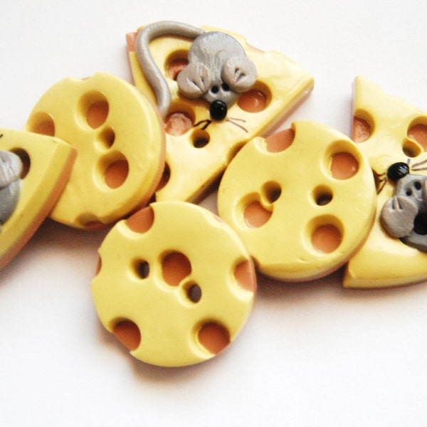 Button Mice and Big Cheese handmade polymer clay button set    ( 6 )