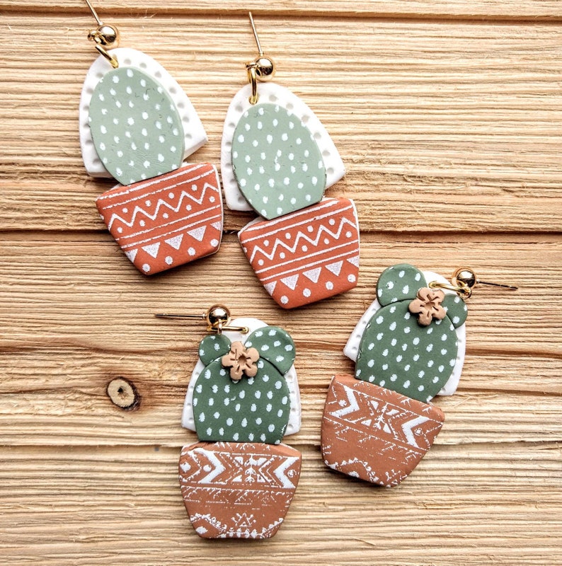 Earrings cactus terra cotta pots handmade boho hippie polymer clay pierced image 1