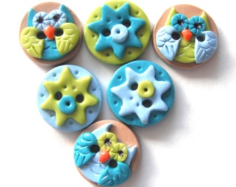 Button Spring Owls handmade polymer clay buttons ( 6 )