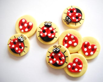 Button Ladybugs and Hearts handmade polymer clay buttons ( 8 )