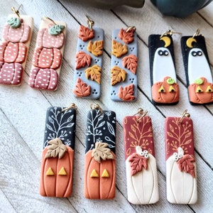 Earrings polymer clay handmade boho autumn fall Halloween pumpkin ghost leaves nickel free pierced