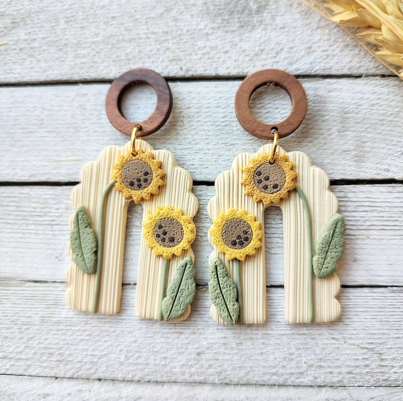 Earrings sunflower polymer clay handmade boho pierced dangle stud wood earrings image 3