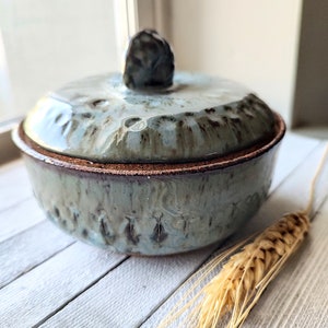 Handmade ceramic jar with lid trinket jewelry sugar food safe speckled buff clay stone denim blue glaze image 1