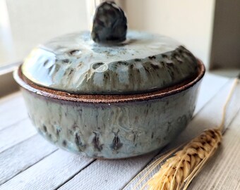 Handmade ceramic jar with lid trinket jewelry sugar food safe speckled buff clay stone denim blue glaze