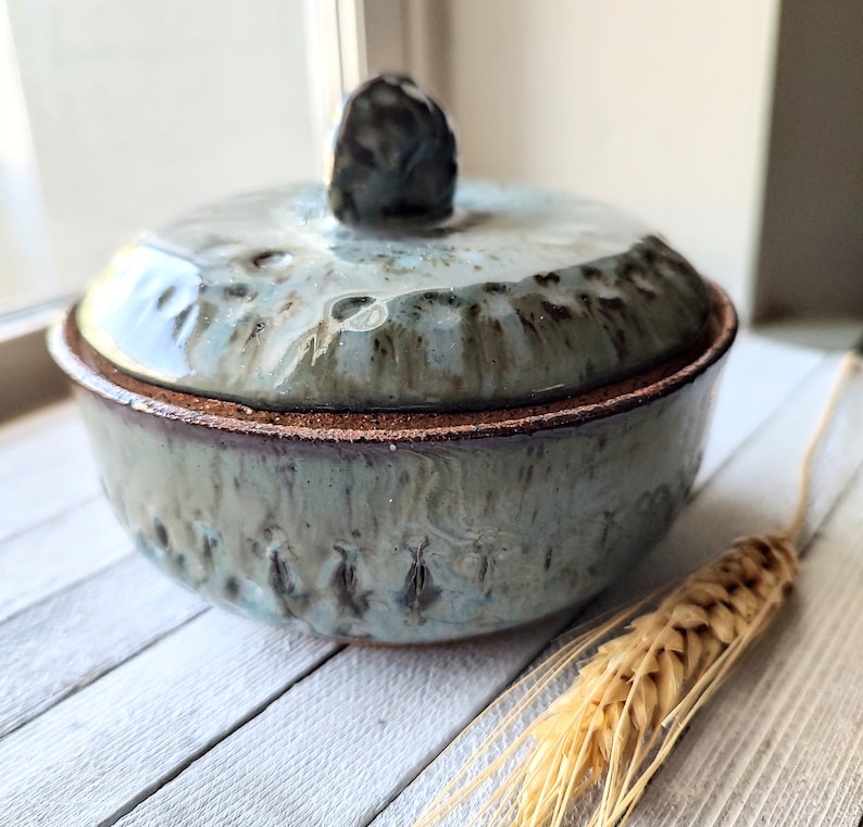 Handmade ceramic jar with lid trinket jewelry sugar food safe speckled buff clay stone denim blue glaze image 1