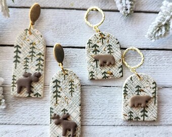 Winter wildlife earrings moose bear cabin pinetrees dangle pierced Christmas holiday gift boho gold handmade nickelfree