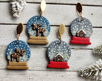 Earrings snow globe cabin moose rustic boho handmade winter Christmas pierced nickel free