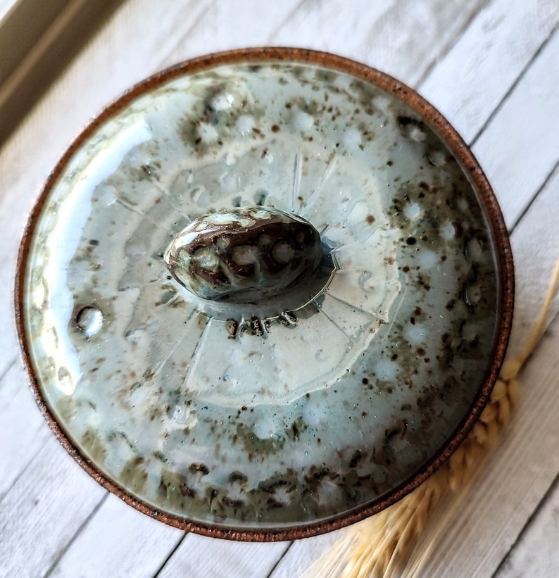 Handmade ceramic jar with lid trinket jewelry sugar food safe speckled buff clay stone denim blue glaze image 2