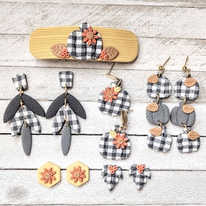 Earrings polymer clay gray check gingham handmade pierced fall autumn pumpkin leaf dangle