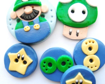 Button Green Luigi Mario Bros handmade polymer clay buttons ( 6 )