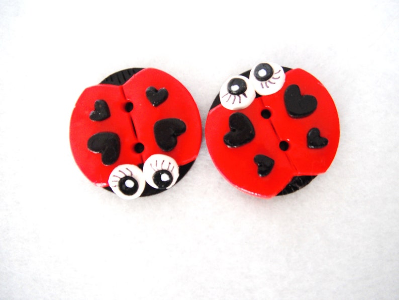 Button Twin Big Ladybugs handmade polymer clay buttons 2 image 1