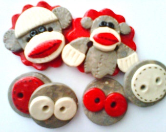 Button Sock Monkey polymer clay button set  ( 6 )