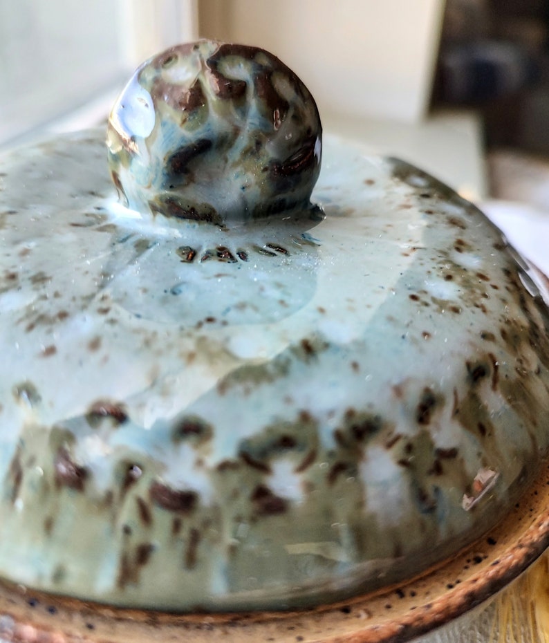 Handmade ceramic jar with lid trinket jewelry sugar food safe speckled buff clay stone denim blue glaze image 4